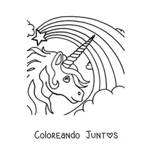 Imagen para colorear de la cabeza de un unicornio con un arcoíris de fondo