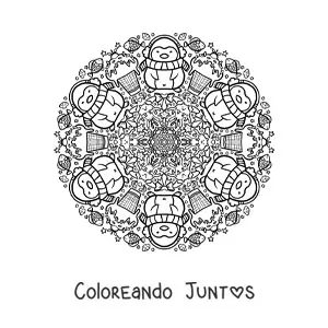 Imagen para colorear de mandala de Navidad con pingüinos kawaii
