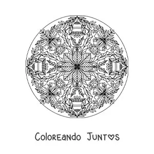 Imagen para colorear de mandala de Navidad con campanas y flores
