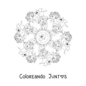 Imagen para colorear de mandala de Halloween con bruja y murciélagos