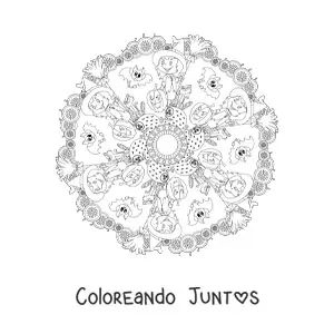 Imagen para colorear de mandala de Halloween con bruja y calabaza