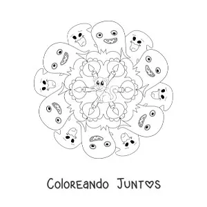 Imagen para colorear de mandala de Halloween con gato y fantasmas