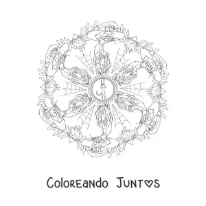 Imagen para colorear de mandala de Halloween con gato y telarañas