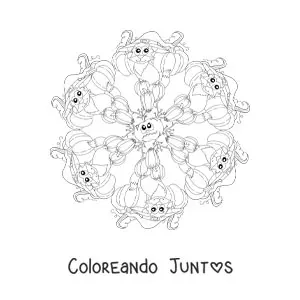 Imagen para colorear de mandala de Halloween con gato y calabazas