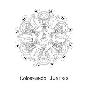 Imagen para colorear de mandala de Halloween con casa embrujada y fantasmas