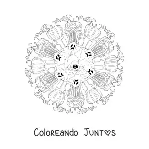 Imagen para colorear de mandala de Halloween con casa embrujada y calavera