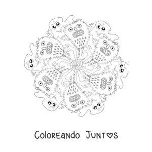 Imagen para colorear de mandala de Halloween con monstruos y fantasmas