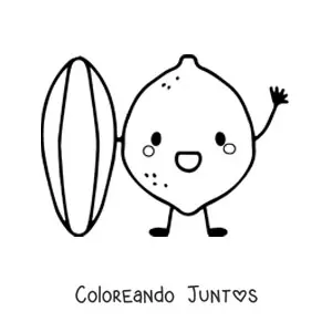 Imagen para colorear de un limón animado sujetando una tabla de surf