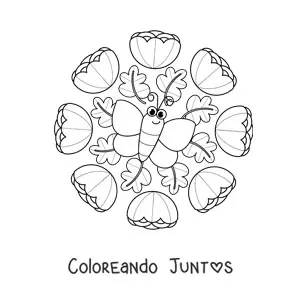 Imagen para colorear de mandala kawaii de mariposa y flores