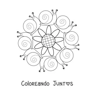 Imagen para colorear de mandala kawaii de caracoles y una flor