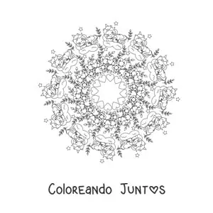 Imagen para colorear de mandala kawaii de unicornios con flores y corazones