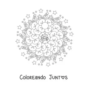 Imagen para colorear de mandala kawaii de unicornios con corazones y estrellas