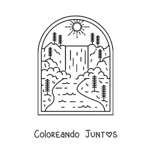 Imagen para colorear de paisaje natural con cascada, río y pinos