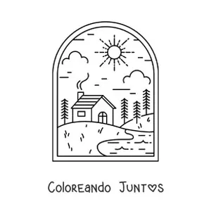 Imagen para colorear de casa en el campo con río