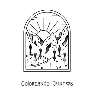 Imagen para colorear de paisaje de bosque con montañas de día