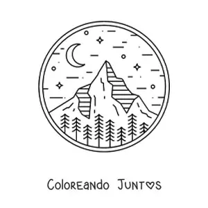 Imagen para colorear de paisaje de bosque con montañas de noche