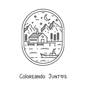 Imagen para colorear de paisaje de bosque con lago, casa y un bote, de noche