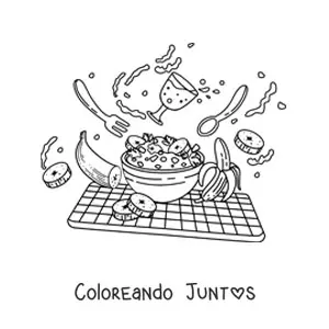 Imagen para colorear de un desayuno de cereal con leche y bananas