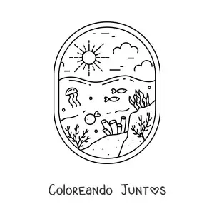 Imagen para colorear de paisaje del fondo marino con peces, medusa y corales