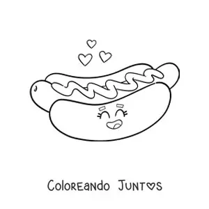 Imagen para colorear de hot dog kawaii animado con corazones