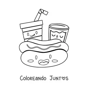 Imagen para colorear de hot dog kawaii animado con bebidas animadas