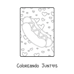 Imagen para colorear de hot dog con corazones de fondo
