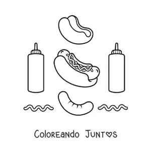 Imagen para colorear de hot dog con sus ingredientes alrededor