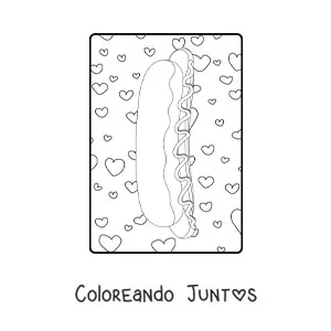 Imagen para colorear de hot dog de lado con corazones de fondo