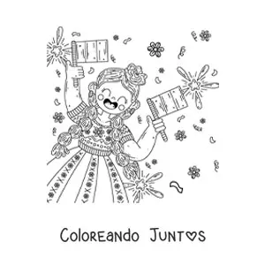 Imagen para colorear de una niña sosteniendo dos banderas de México sin escudo