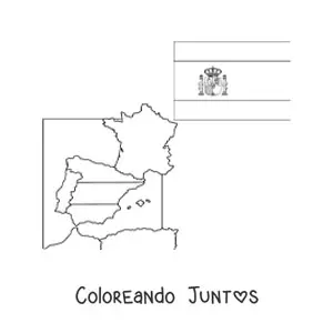 Imagen para colorear de la bandera de España con escudo junto a un mapa