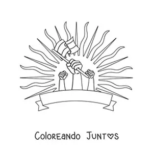 Imagen para colorear de manos sosteniendo la bandera de Argentina con Sol de fondo