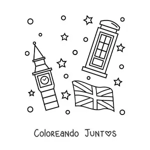 Bandera del Reino Unido con el Big Ben y una cabina telefónica