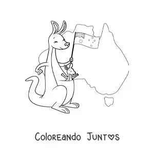 Imagen para colorear de dos canguros kawaii con la bandera de Australia y mapa de fondo