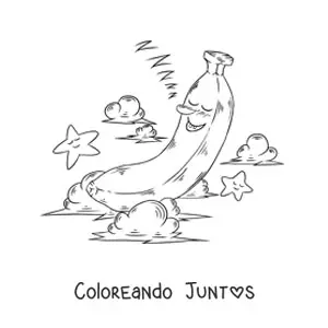 Imagen para colorear de una banana animada durmiendo entre nubes y estrellas