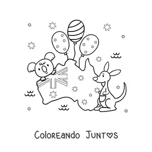 Bandera de Australia en mapa con canguro y koala kawaii