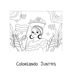 Imagen para colorear de una mujer con traje tradicional colombiano sosteniendo la bandera de Colombia