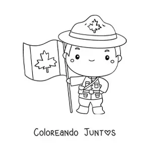 Imagen para colorear de un hombre kawaii sosteniendo la bandera de Canadá
