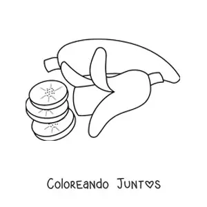 Imagen para colorear de una banana entera junto a una banana cortada en trozos