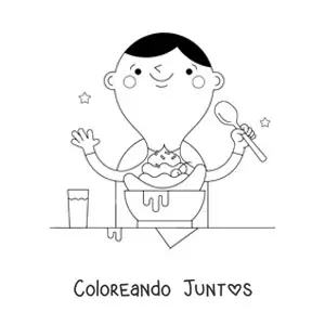 Imagen para colorear de un niño feliz comiendo un banana split