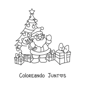 Imagen para colorear de Santa Claus con árbol navideño con regalos