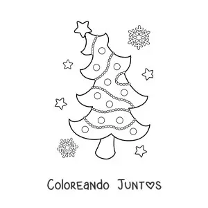 Imagen para colorear de un árbol de Navidad con estrellas y copos de nieve en el fondo