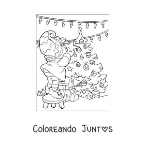 Imagen para colorear de un elfo de Santa poniendo la estrella en el arbolito