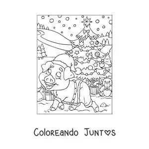 Imagen para colorear de un cerdo animado vestido de Santa con árbol de Navidad con regalos