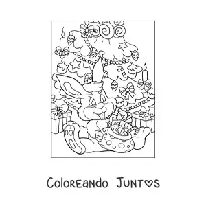 Imagen para colorear de un conejo animado abriendo regalos junto al árbol de Navidad