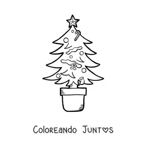 Imagen para colorear de un árbol navideño con adornos en una maceta
