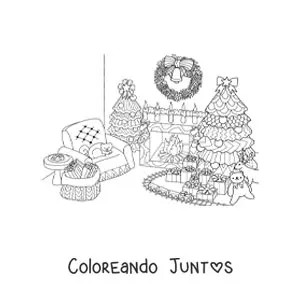 Imagen para colorear de un árbol navideño en salón decorado con regalos y juguetes debajo