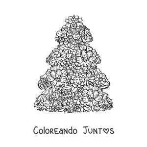 Imagen para colorear de un arbolito de Navidad con flores y corazones