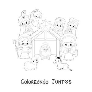 Imagen para colorear de un pesebre navideño kawaii con oveja, mula, los Reyes Magos y el ángel Gabriel