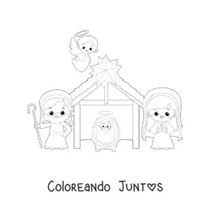 Imagen para colorear de un pesebre navideño kawaii con el ángel Gabriel