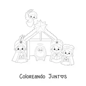 Imagen para colorear de los Reyes Magos kawaii con el niño Jesús